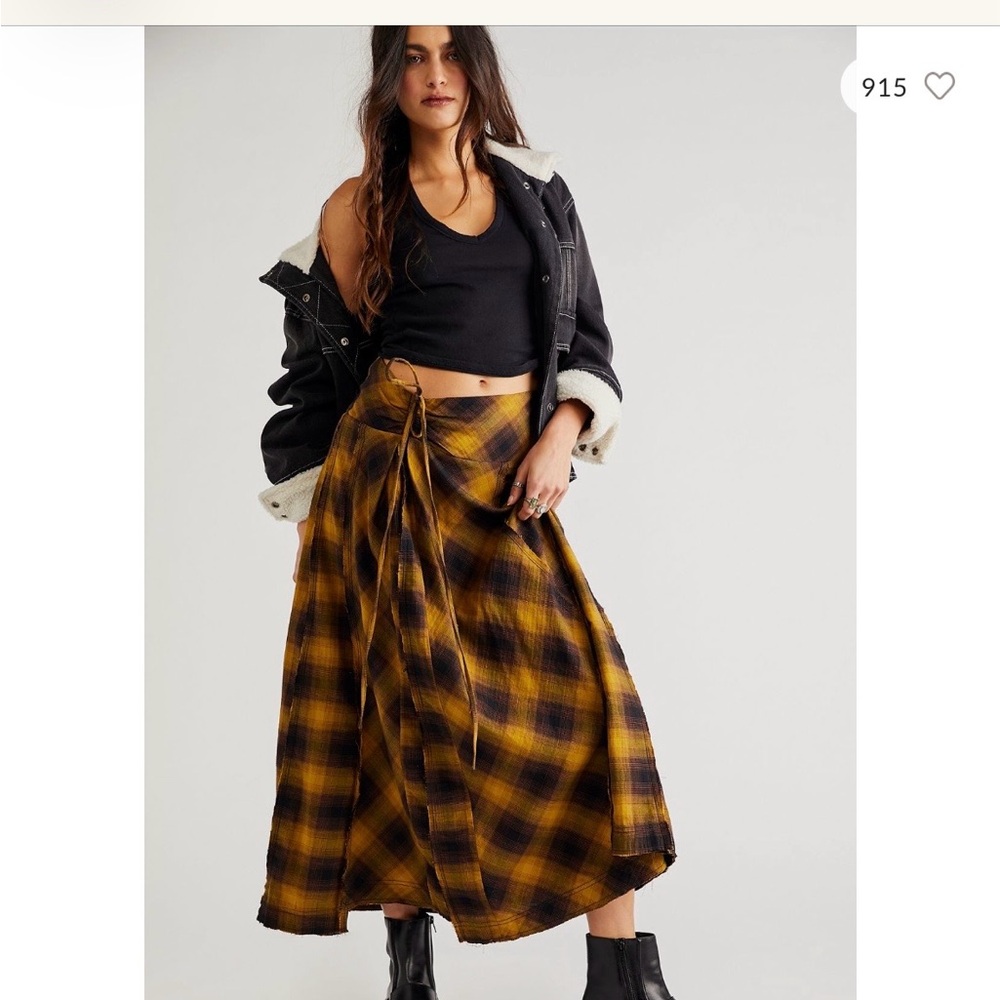 Free People Mustard & Black Plaid Wrap Maxi Skirt